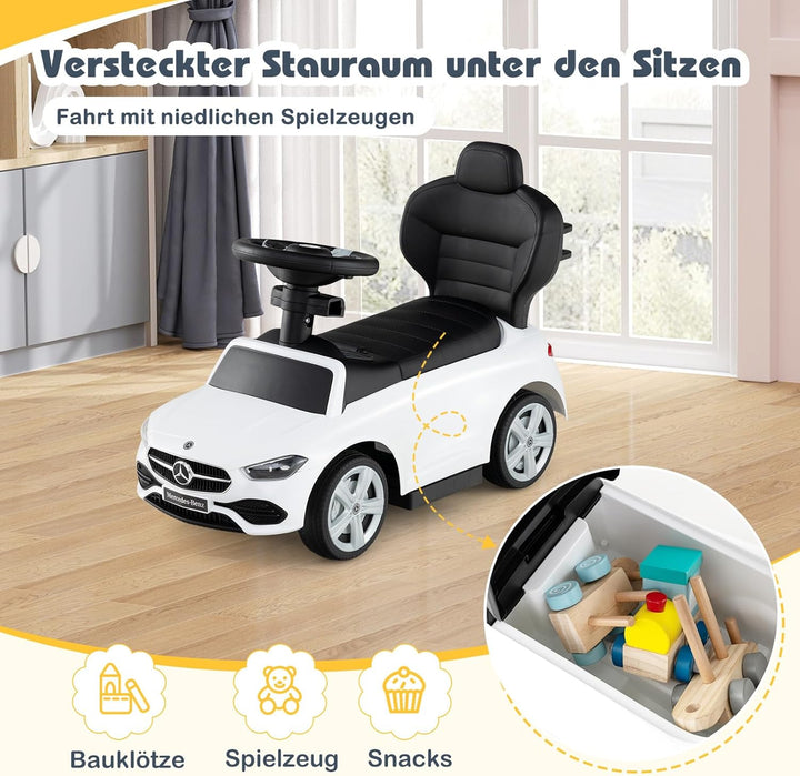 COSTWAY Mercedes-Benz Rutschauto, 3-in-1 Rutschfahrzeug mit Schiebegriff, Stauraum & Lenkschieber, S