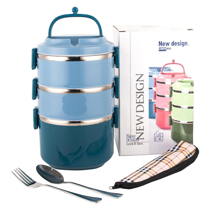 SANQIAHOME 3 Schichten Mehrschichtige stapelbare Edelstahl-Lunchbox,Auslaufsicher,blau Blau 3 Schich