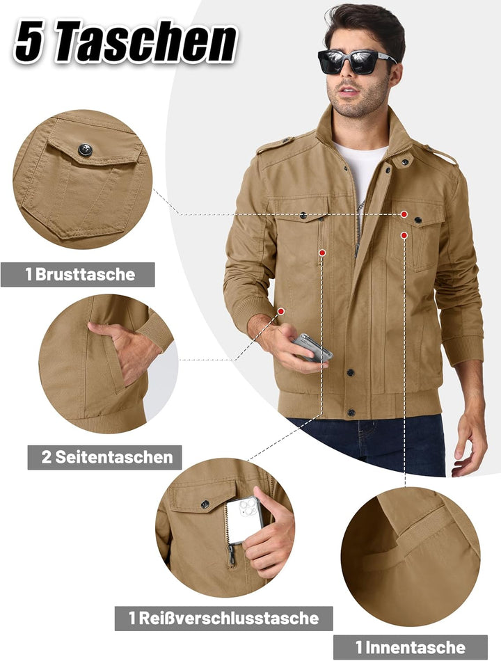 MAGCOMSEN Herren Übergangsjacke Cargo Outdoorjacke Winddicht Frühling Jacke Militär Armee Fliegerjac