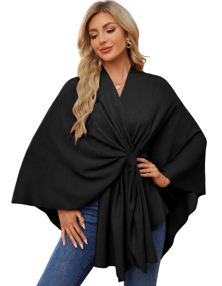 PULI Damen Elegant Poncho Strick Ponchos Capes Vorne öffnen Vielseitige Schalwickel mit Lasche Schwa