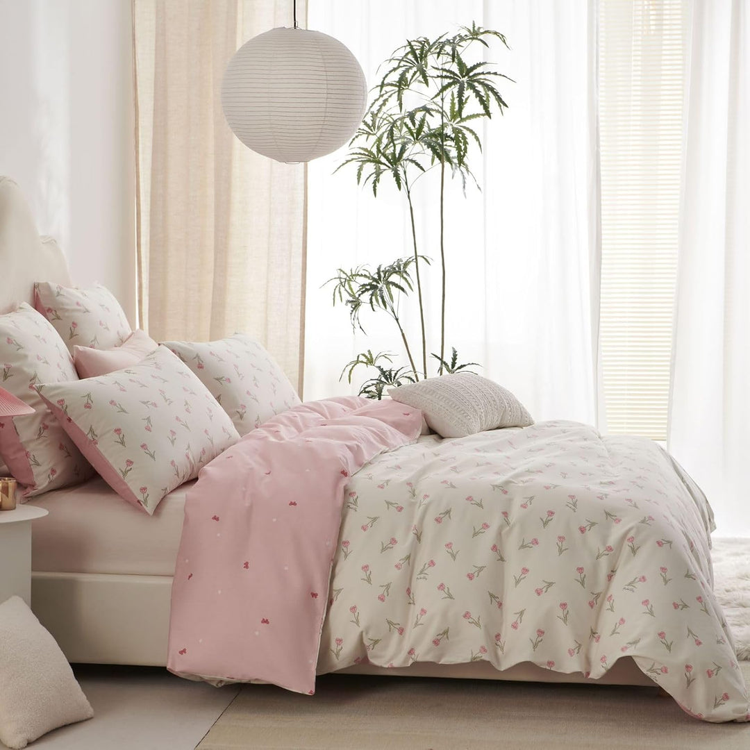 Freyamy Blumen Bettwäsche 155x220cm 2teilig Baumwolle Weiss Rosa Grün Floral Blätter Pflanzen Bettwä