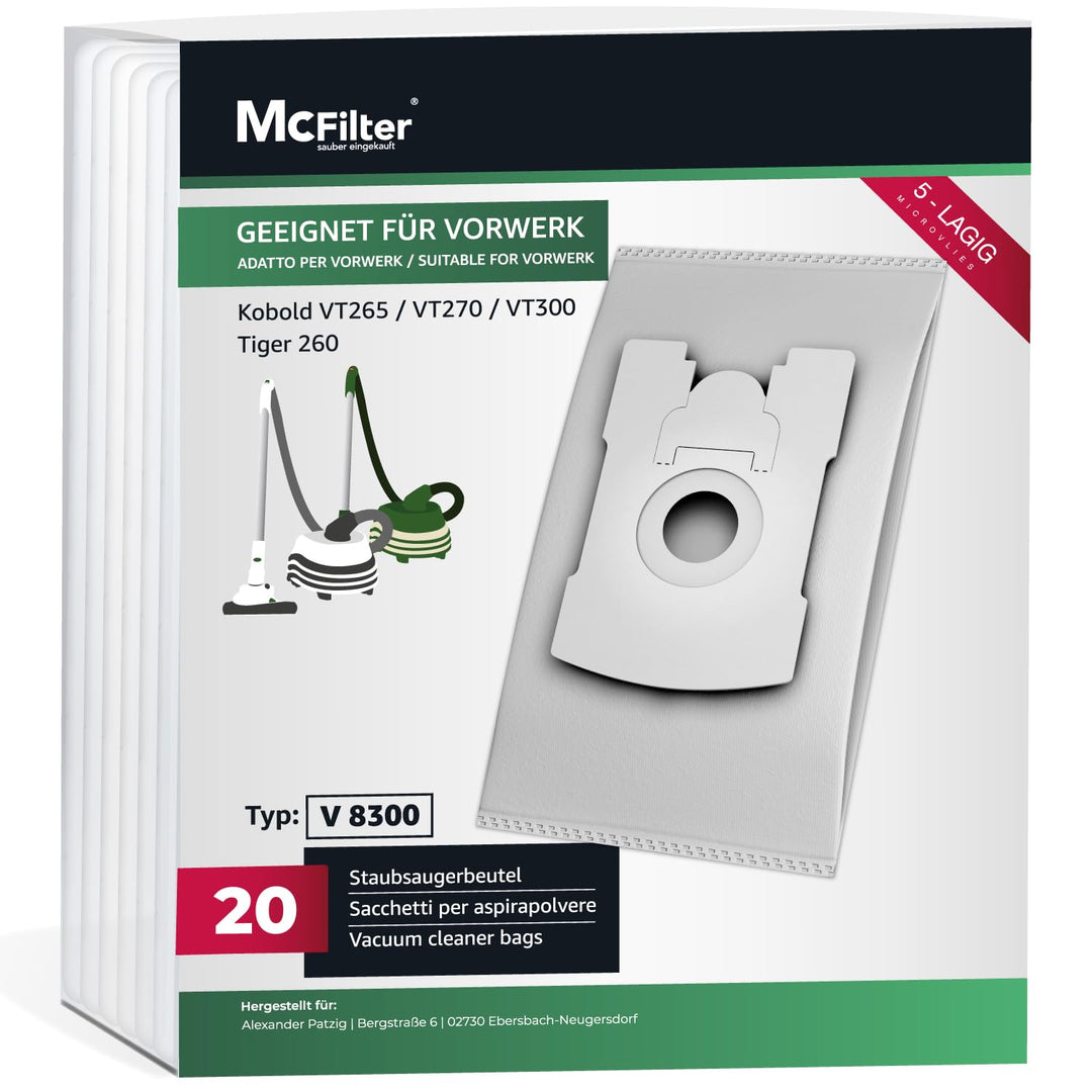 McFilter | 20 Staubsaugerbeutel geeignet für Vorwerk Tiger 260, Vorwerk Kobold VT265 VT270 VT300 - V