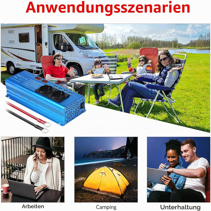 Yinleader Wechselrichter 12V 230V 1200W / 2400W Reiner Sinus-Spannungswandler 2 Steckdosen und 4 USB