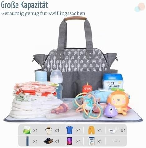 Lekebaby Baby Wickeltasche Bote gross mit Wickelunterlage für Reise, Grau, Grau