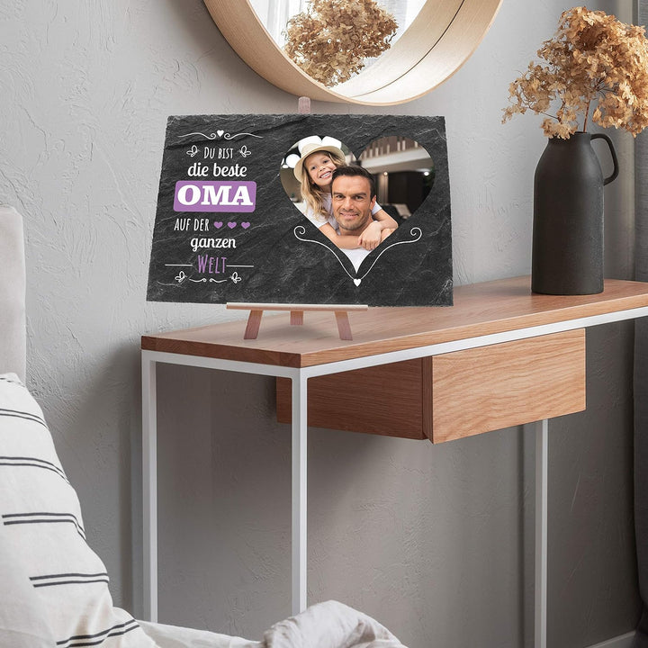 wandmotiv24 Schiefertafel Beste Oma, Mit Ihrem Farb-Foto im Herzformat Bedrucken Lassen inkl. Spruch