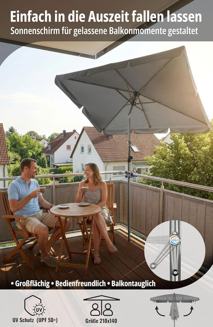 4smile Sonnenschirm Balkon mit Kurbel, Sonnenschirm rechteckig 210x140 cm, Sonnenschutz Balkon mit U