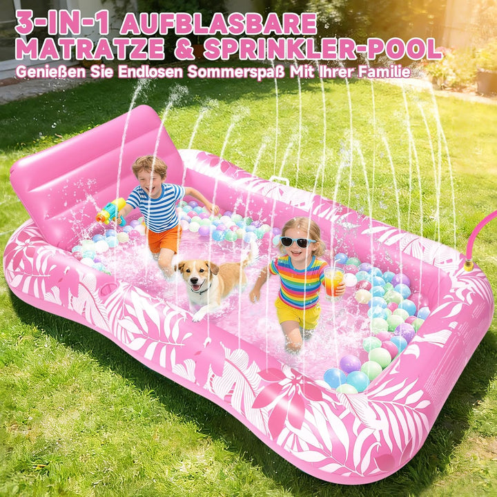 Luftmatratze Pool Erwachsene, Aufblasbares Schwimmbett mit Sprinkler & Getränkehalter, Grosse Wasser