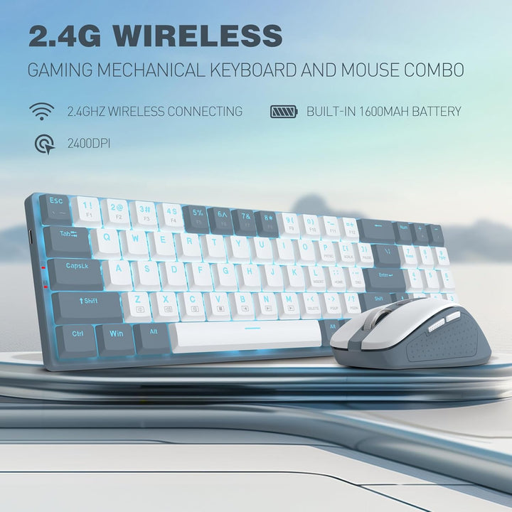 Redragon BS-8773 Tastatur & Maus, Blaue Beleuchtung, 2,4 GHz, rote Schalter, Grau-Weiss, Weiss