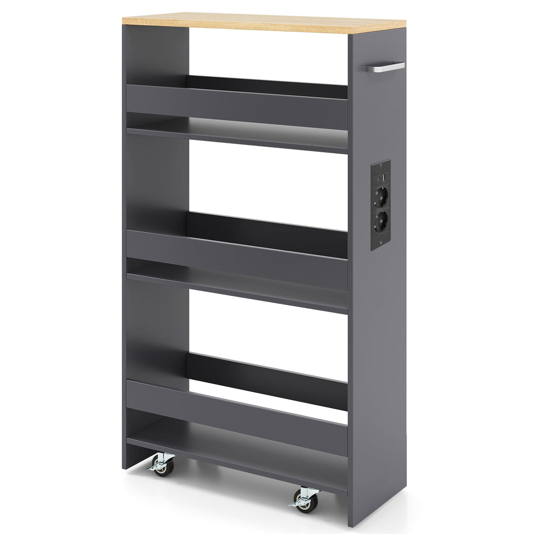 FANTASK 20cm Schmaler Nischenwagen, 4 Etagen Küchen-Servierwagen mit Ladestation, Rollendes Holzrega