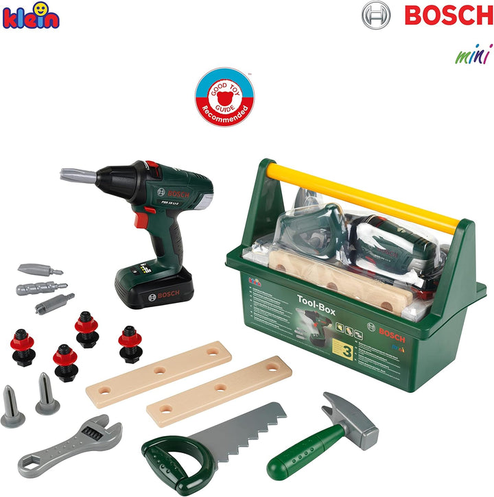 Theo Klein 8520 Bosch Werkzeug-Box | Mit Werkzeug und Zubehör| Inkl. batteriebetriebenem Akkuschraub