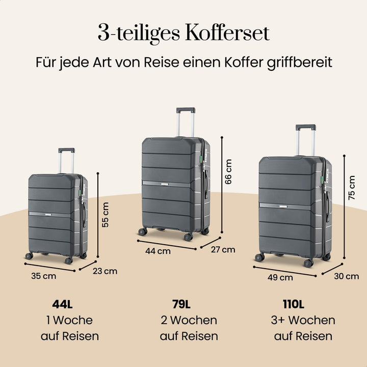 Urban Adventurer Kofferset 3-teilig 232L – Anthrazit – Hartschalenkoffer mit Zahlenschloss & 4 Rolle