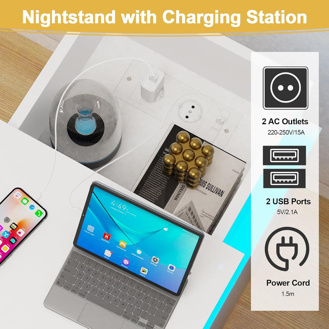 PIPIPOXER 2er Set Nachttisch mit LED, Nachttisch mit Steckdose & USB, Nachtkommode mit 3 Schubladen