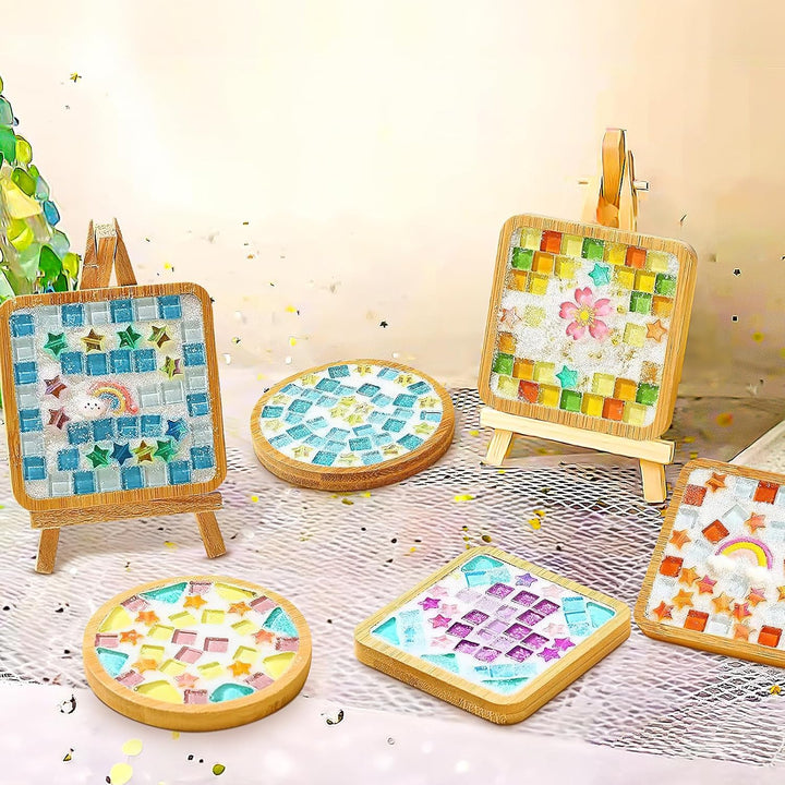 OGMBI 8er Set DIY Mosaik Bastelset Untersetzer, DIY Glasmosaik Set mit Bambus-Holzbasis für Erwachse