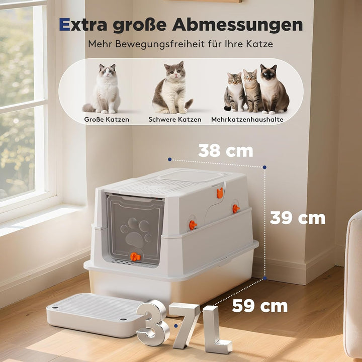 MIXJOY Edelstahl Katzenklo XXL mit Deckel, Katzentoilette Edelstahl Zwei-Tür-Konfiguration, Geschlos