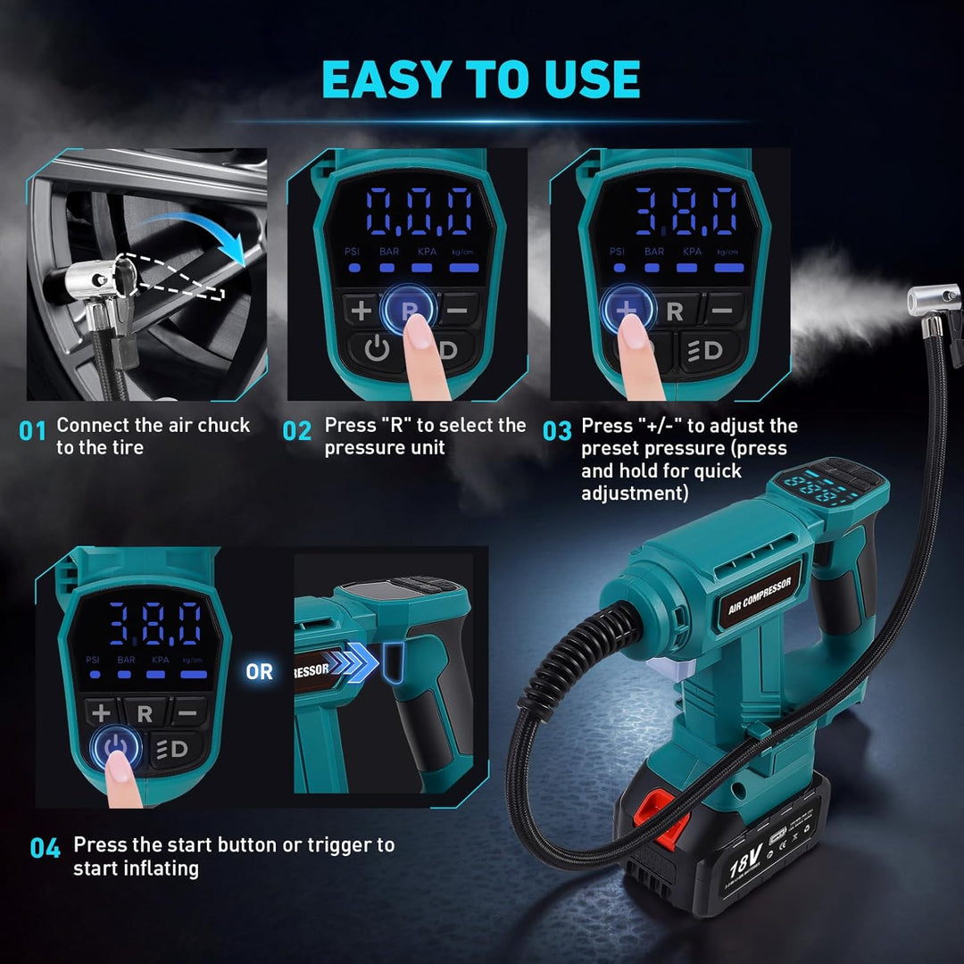 Tragbarer Luftkompressor für Batterien 18 V, max. 11 bar, automatischer Aufblaser mit digitalem Mano