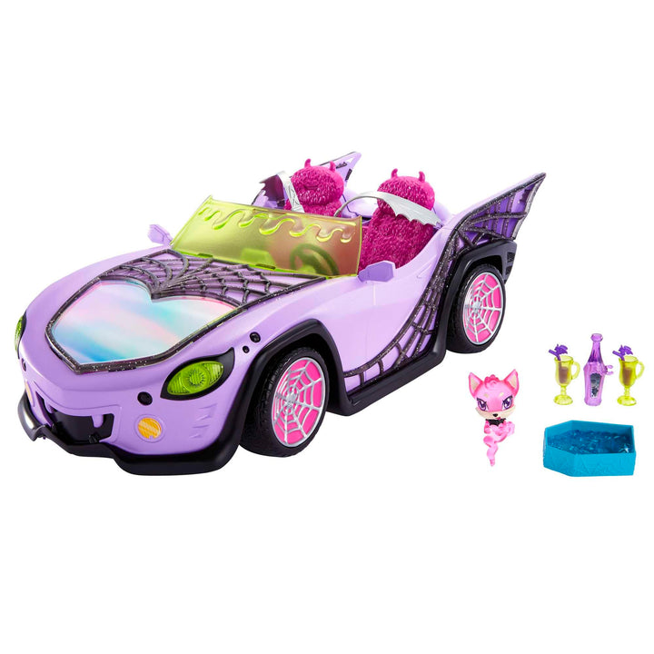 Monster High Spielzeugauto, Ghoul Mobile mit Tierfigur und coolem Zubehör, lilafarbenes Cabrio mit S