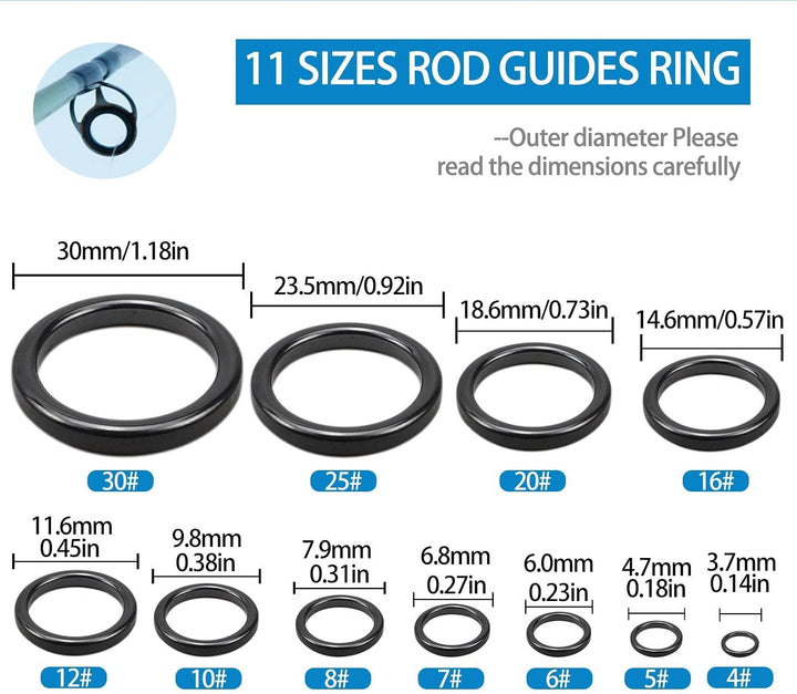 Générique 160 Stück Fishing Rod Guide Repair Kit, 11 Grössen Ceramic Rings, Pole Eyelet Replacement,