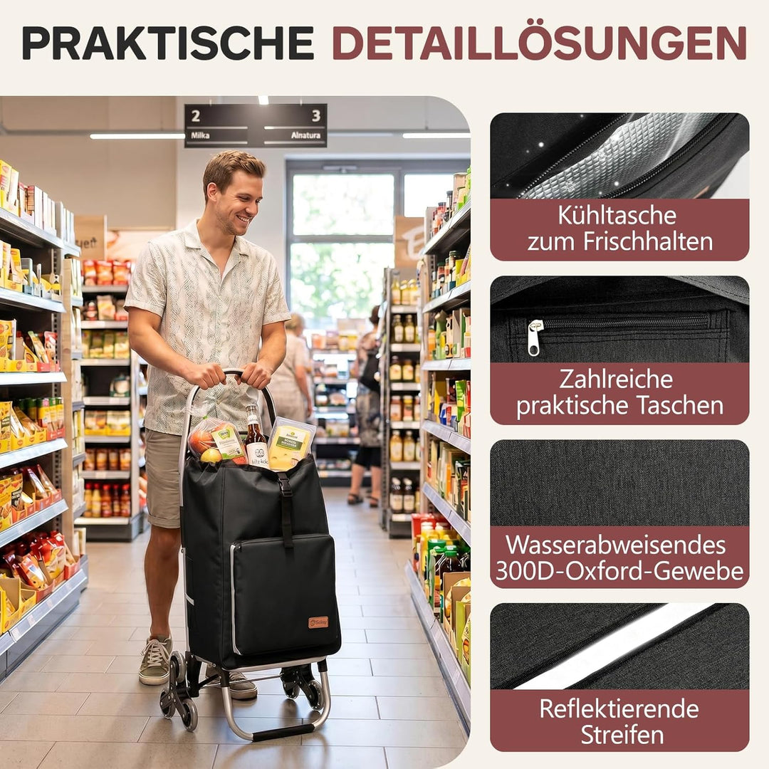 Sekey Einkaufstrolley Treppensteiger klappbar, XXL Einkaufstasche mit Kühlfach, Aluminiumrahmen, 3+3
