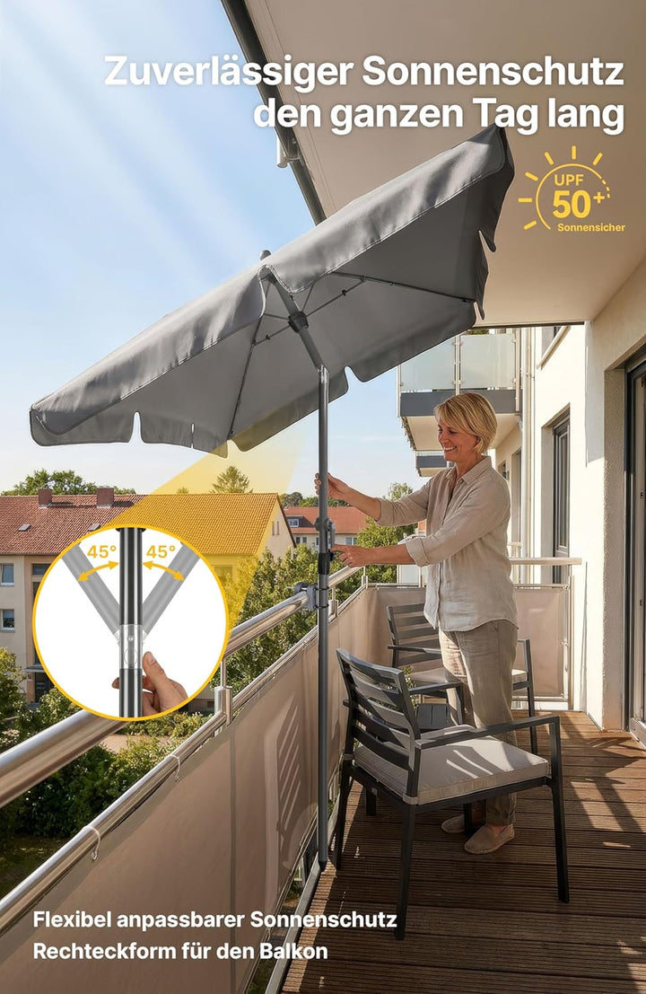 4smile SunnyShade Sonnenschirm Balkon mit Halterung im 3-er-Set, UV 50+, 200x125 cm, Anthrazit, für