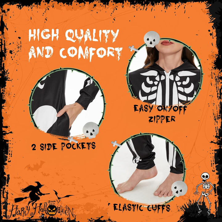 Ulikey Halloween Skelett Kostüm Damen, Halloween Skelett Onesie Overall Pyjama Erwachsene Damen Hall
