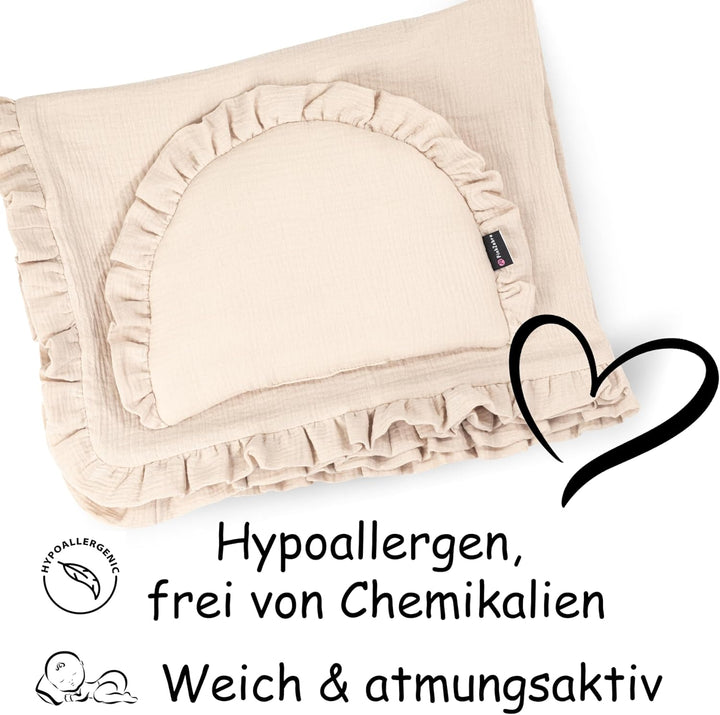 PinkZebra Musselin-Bettwäsche mit Rüschen für Babys Neugeborene, weiches Flachkissen + 4-lagige Deck