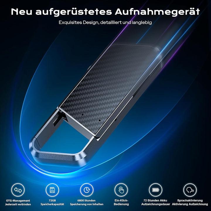 72GB Diktiergerät mit Spracherkennung –Aufnahmegerät, Mobile Rekorder mit DSP5.0 OTG-fähig, 6800h In