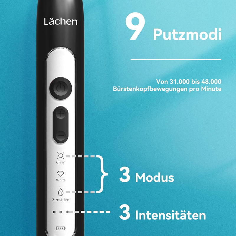 Lächen elektrische Zahnbürste Schallzahnbürste mit 4 Aufsteckbürsten und Timer, 3 Modi & 3 Vibration