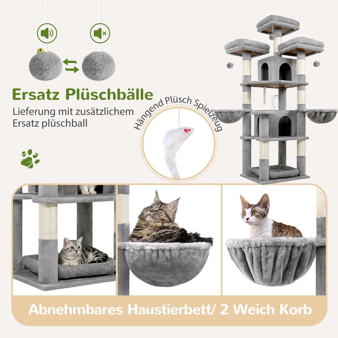 Globlazer Kratzbaum Stabil 174 cm mit 3 Gepolsterte Sitzstangen, 2 Katzenhaus, 2 Korb, Abnehmbares H