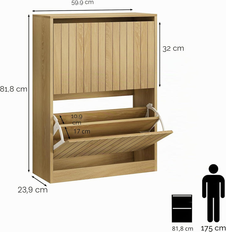 Schuhschrank mit vertikalen Rillentüren, 2 Klappschubladen, schmaler Schuhschrank für den Eingangsbe