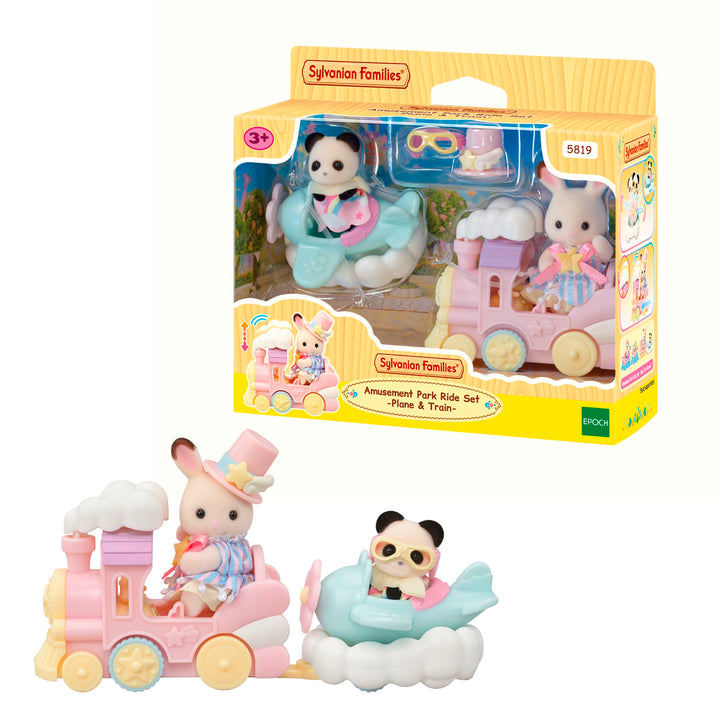 Sylvanian Families - 5819 Freizeitpark Spielset Zugfahrt, samtige Tierfiguren, Schokoladenhase, Pand
