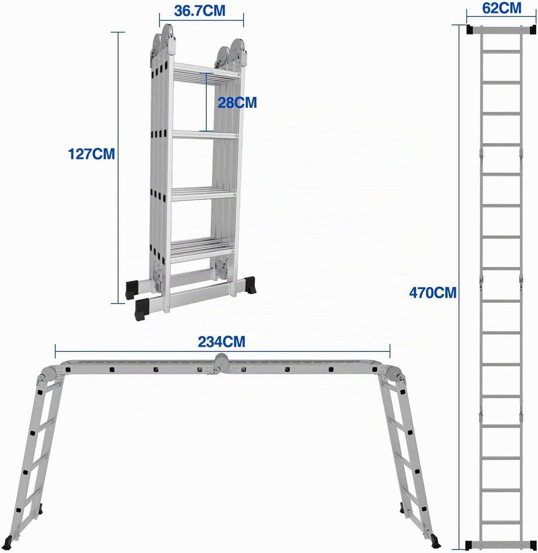 Ikodm 4x4 Stufen Mehrzweckleiter 4,7 m 7 in 1 Aluminium Multifunktionsleiter bis 150 kg mit 2 Transp