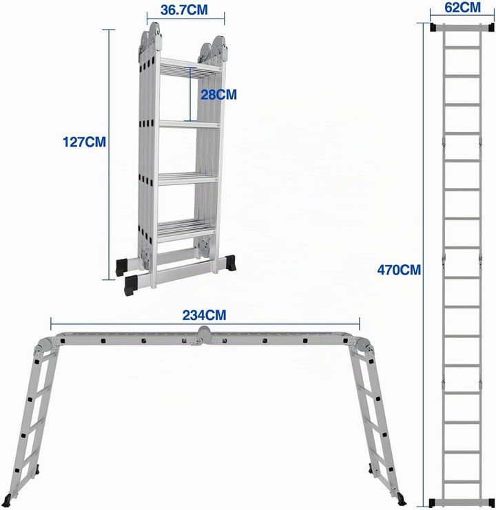 Ikodm 4x4 Stufen Mehrzweckleiter 4,7 m 7 in 1 Aluminium Multifunktionsleiter bis 150 kg mit 2 Transp