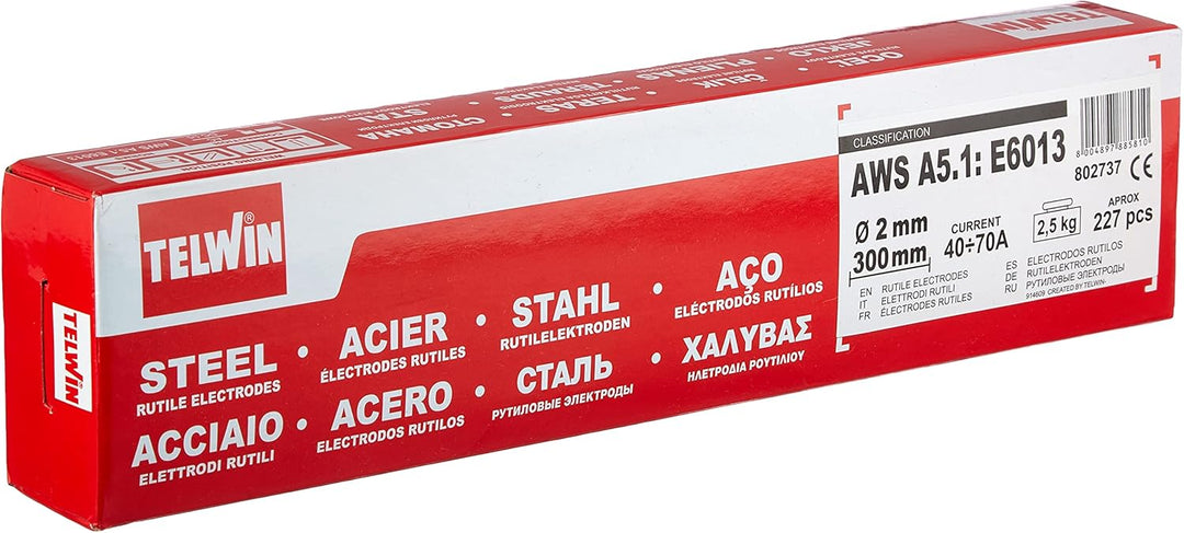 Telwin Rutilelektroden, für Stahl, AWS A5.1: E6013, 227 ± 3 Stück, ca. Ø 2 x 300 mm, 2,5 kg 2 mm - 2