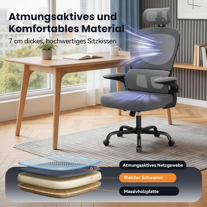 rattantree Ergonomischer Bürostuhl, Schreibtischstuhl mit Verstellbarer Kopfstütze und Armlehnen, C-