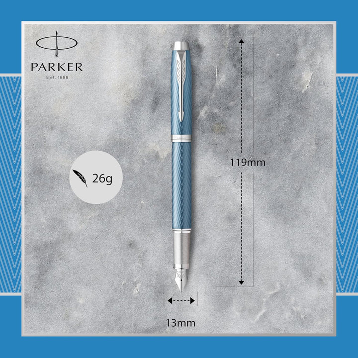 Parker IM Füller | Blaugraue Premium-Lackierung mit Chromverzierung | Füllfederhalter mit feiner Fed