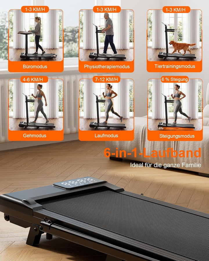 MJWW Walking Pad mit Steigung 6%, Laufband für Zuhause & Büro 136 KG mit Smart App 6 km/h & 12 km/h,