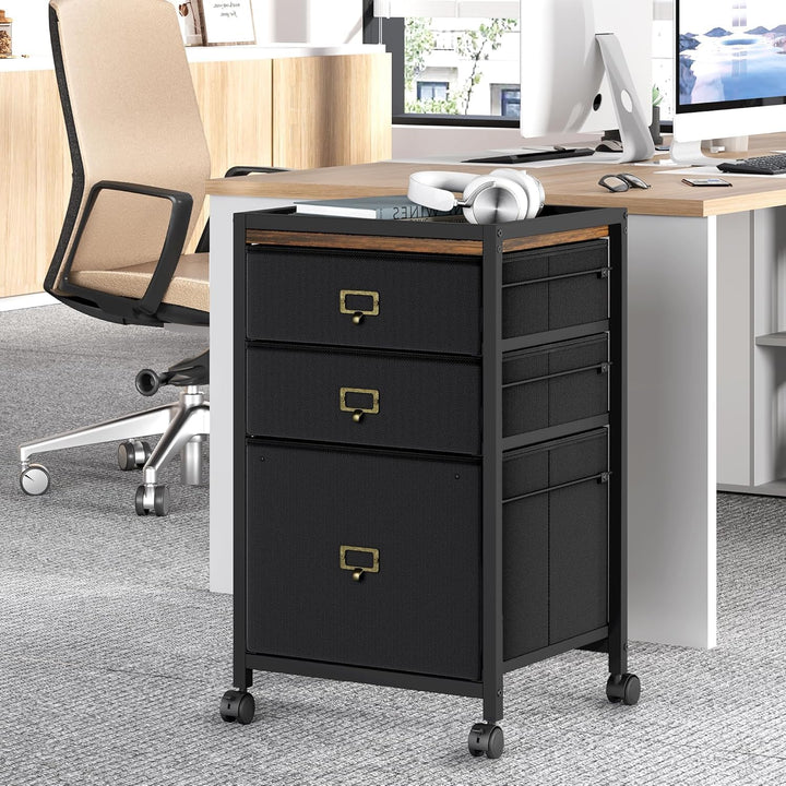 Mobiler aktenschrank mit 3 Stoff-Schublade,Büroschrank mit 4 Rollen,Vertikaler Aktenschrank für A4 o