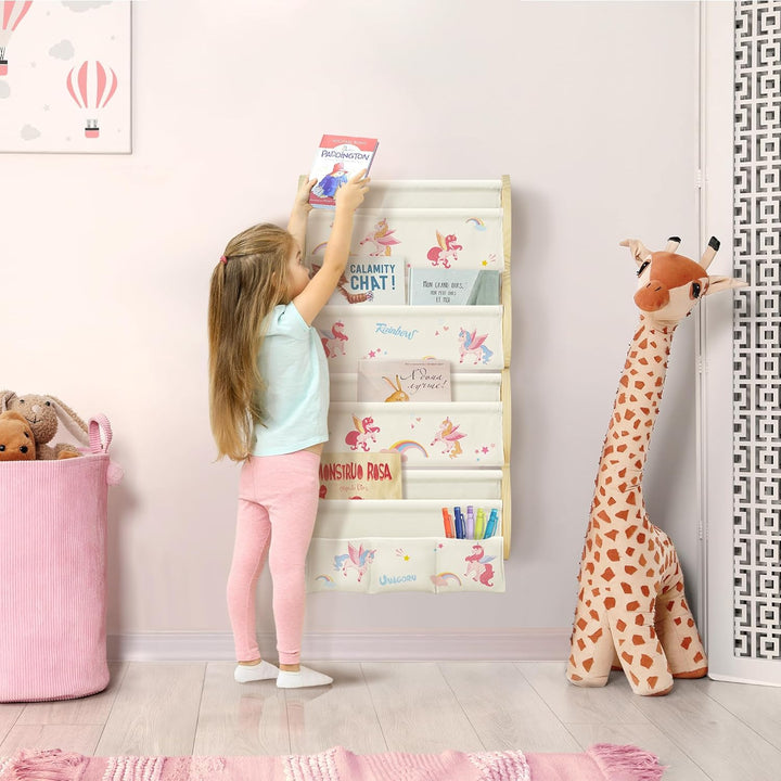 Bücherregal Kinder Wand Kinderbücherregal Montessori mit 4 Ablagen & 3 Taschen Kinderregal Wandregal