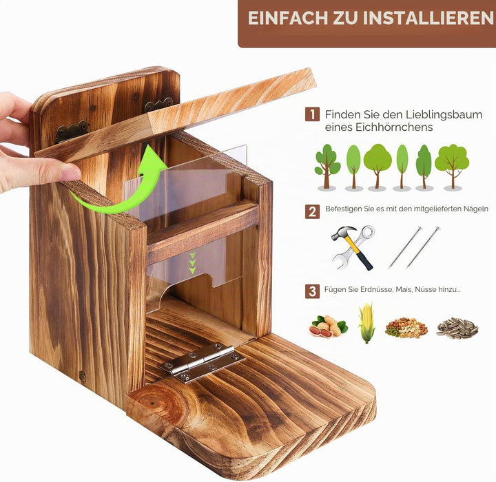 MIXXIDEA Holz-Eichhörnchen-Futterbox, stabiles Eichhörnchen-Futterhaus mit Dicke 1,5 cm, Holz, keine