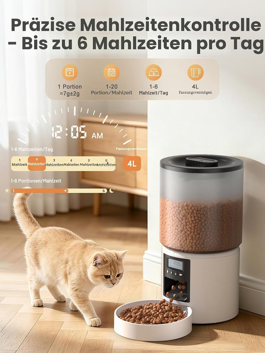 Futterautomat Katze 4L mit Timer, Katzenfutter Automat programmierbar 1–6 Fütterungen Portionskontro
