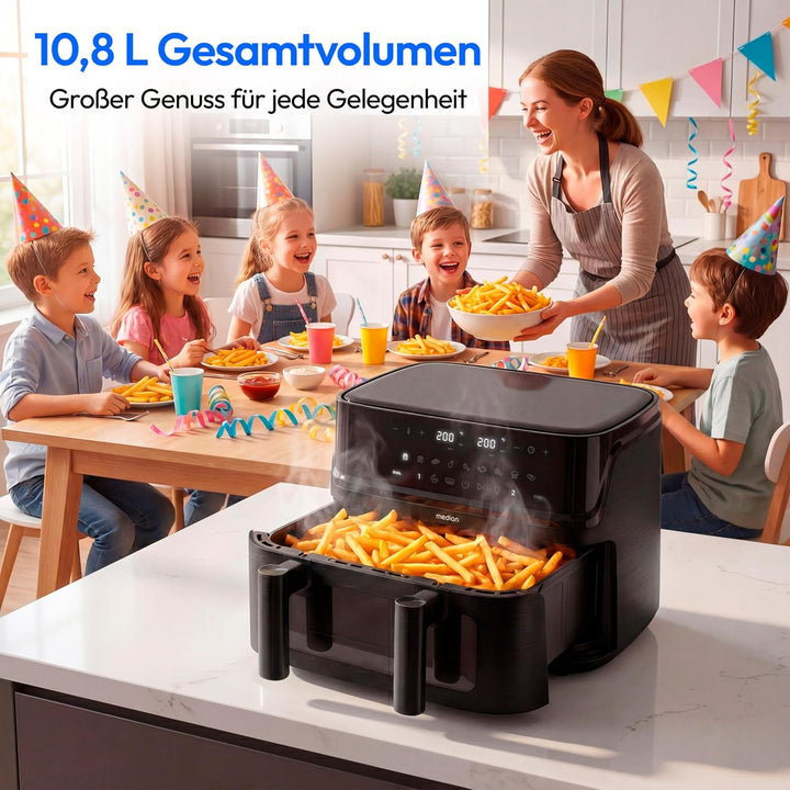 MEDION P25 XXL Flex M Airfryer Heissluftfritteuse mit 2 Kammern - schwarz | 10,8 Liter, flexible Kam