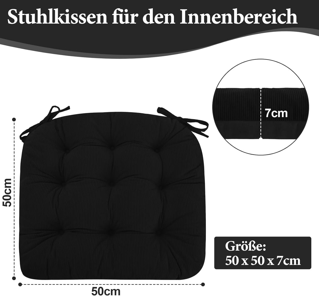 2er Set Stuhlkissen, 50x50x7 cm, Schwarz – Bequeme Sitzkissen aus Cordstoff und Kristallsamt mit Bin