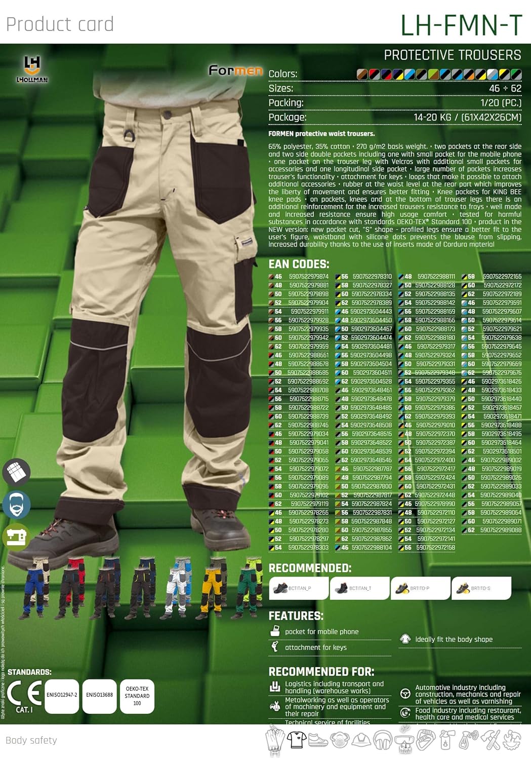 Leber & Hollman Herren Arbeitshose LH-FMN-T B, 65% Polyester 35% Baumwolle 270 g/m2, Bundhose mit Ta