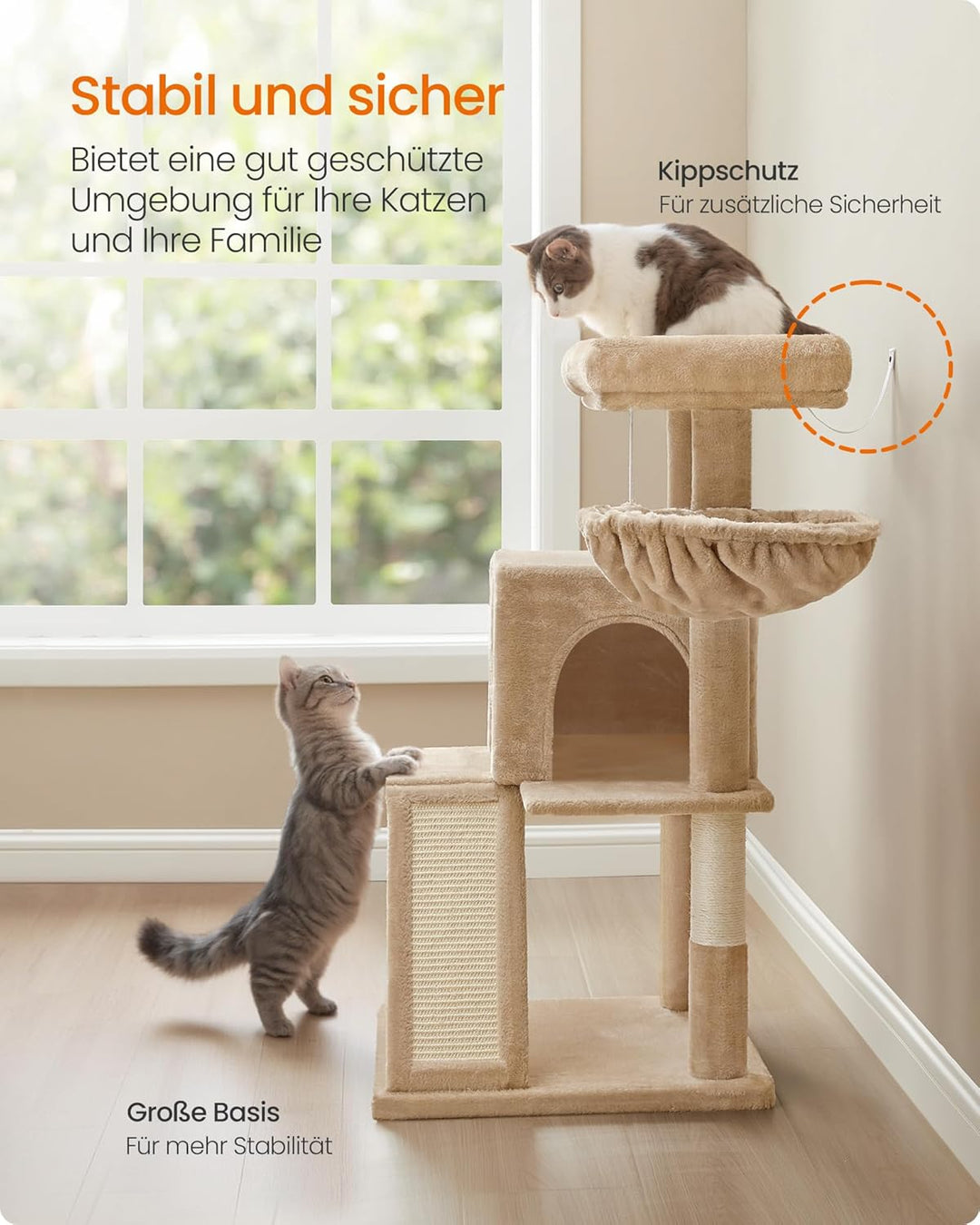 Feandrea Kratzbaum, 96 cm hoch, Katzenbaum mit grosser Plattform, Katzenkratzbaum mit Katzenhöhle, H