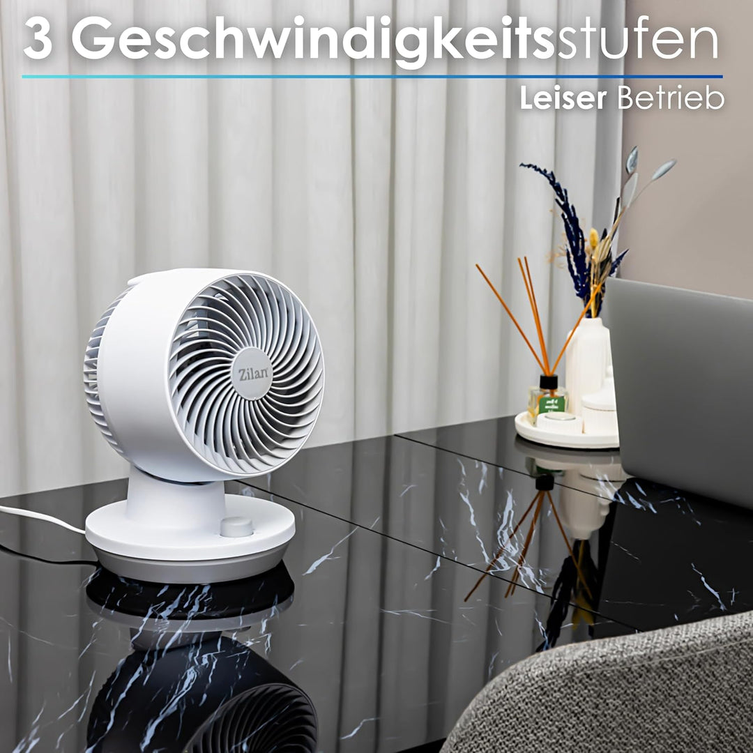 Zilan Tischventilator Sehr leise Ventilator klein 3 Stufen Energiesparend Geeignet für Büro Schlafzi