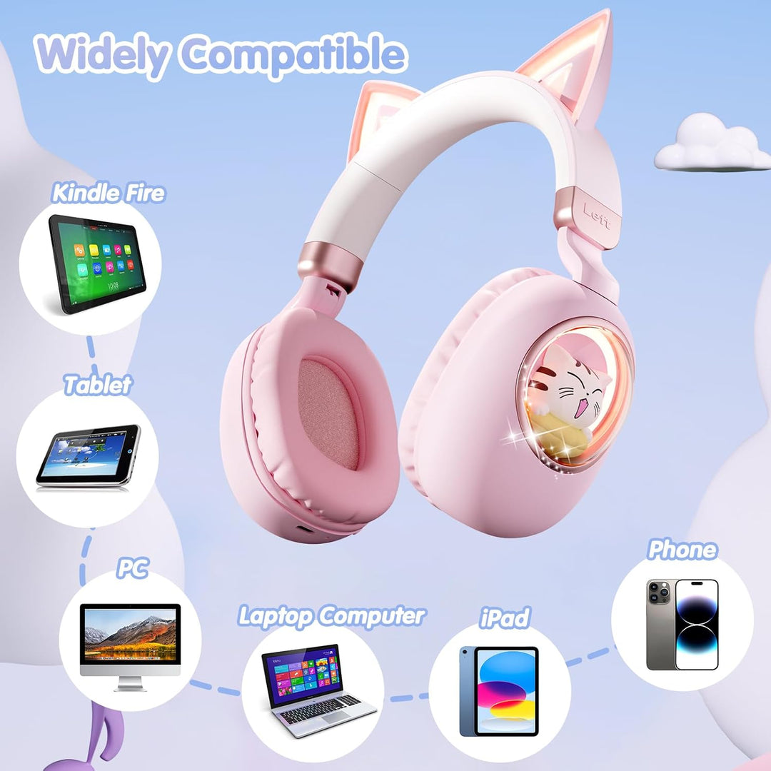 Kinder Kopfhörer mit Katzenohren, Bluetooth 5.4 Over-Ear Noise Cancelling Kopfhörer mit Mikrofon, LE