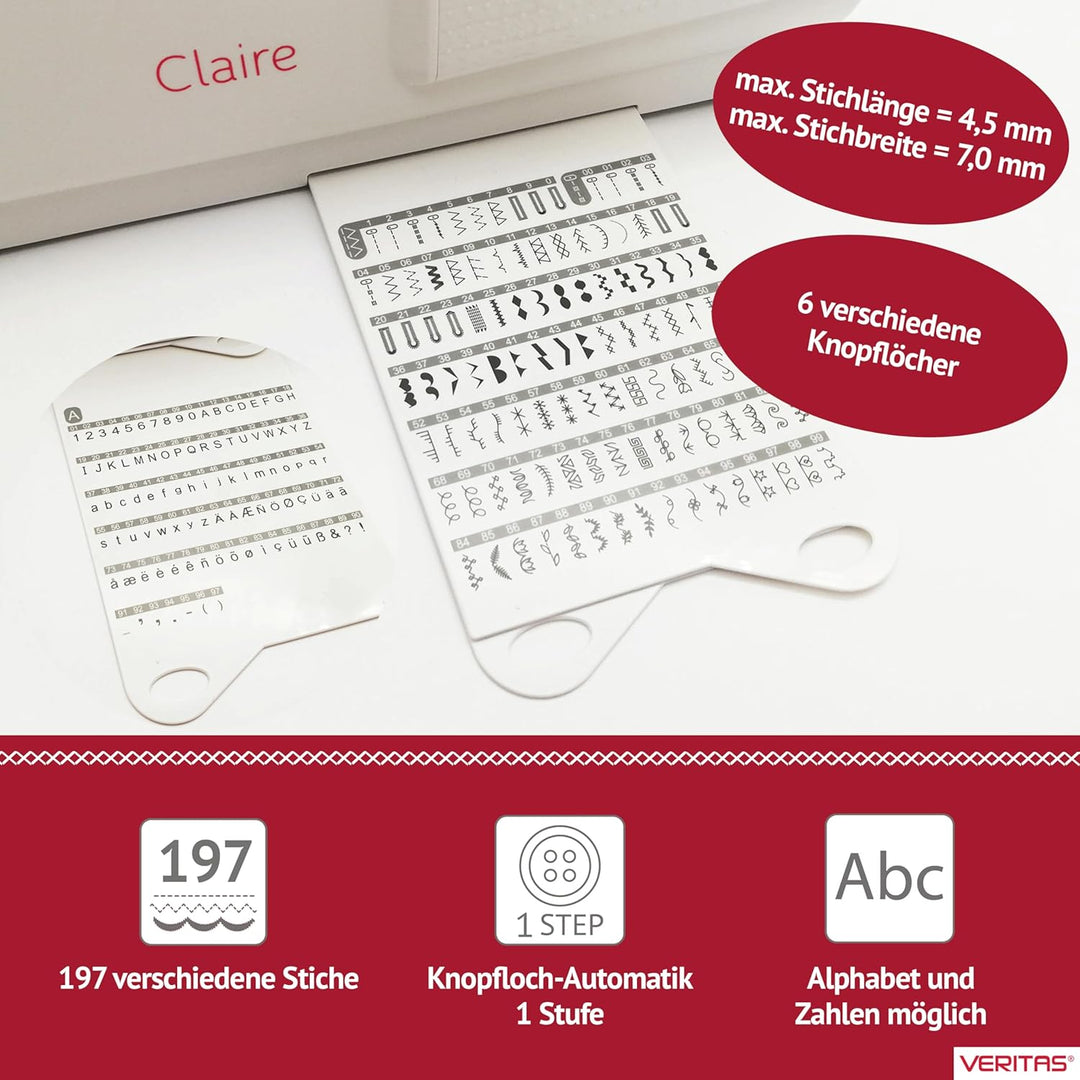 VERITAS Nähmaschine Claire I Computer-Nähmaschine Freiarm I 197 Stiche mit Speicherfunktion I Fusspe