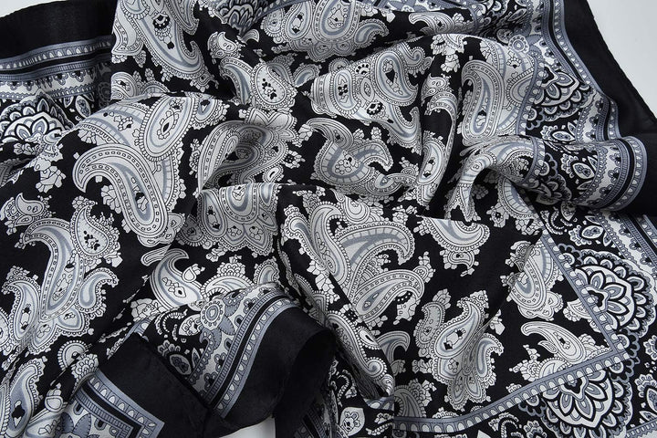 Corciova Damen Halstuch, 100 % Maulbeerseide, quadratisch, klein Paisley Weiss und Schwarz, Paisley