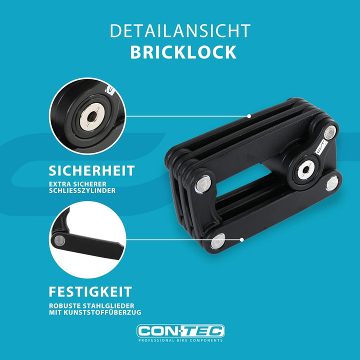 CONTEC Fahrrad-Faltschloss Brick Lock, Schwarz, Stahl, Hohe Sicherheit, 780mm, Mit 2 Schlüsseln, Fal