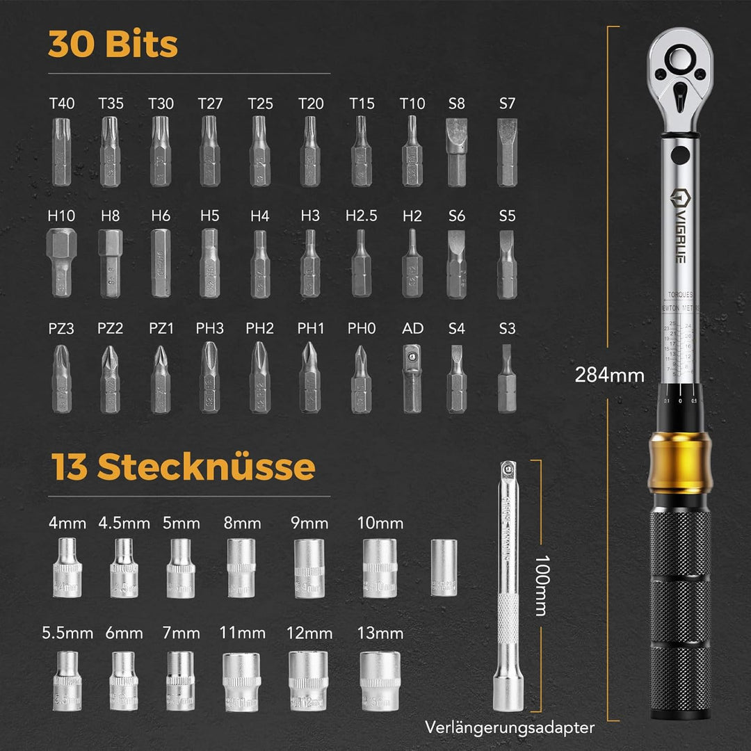 VIGRUE Drehmomentschlüssel 1/4", Drehmomentschlüssel Fahrrad Set 5–25 Nm ±4% Genauigkeit mit Verläng